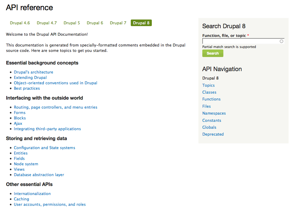 Freshly organized, topic-based approach to introducing Drupal's APIs